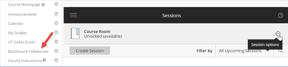 screenshot of the Blackboard Collaborate tab on the left panel