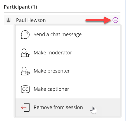 screenshot highlighting the icon with three dots on the right edge of the screen, opening the dropdown menu with the Remove from session option